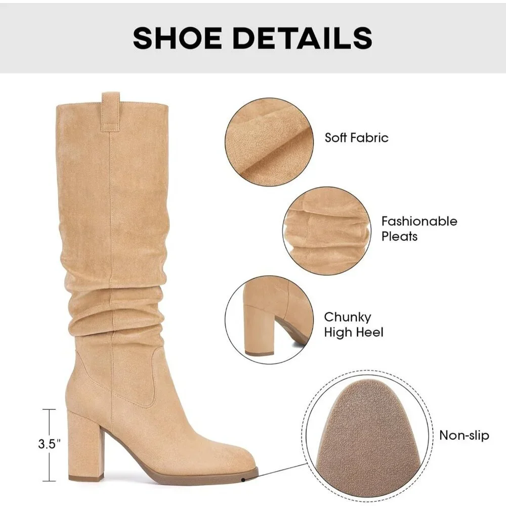 Women's Tan Tall Chunky High Heel Side Zipper Knee High Boots With Party